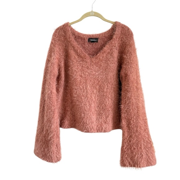 Anthropologie Sweaters - 4SI3NNA Pink V-Neck Eyelash Sweater Bell Sleeves Fluffy Knit Cozy Fuzzy Med Y2K